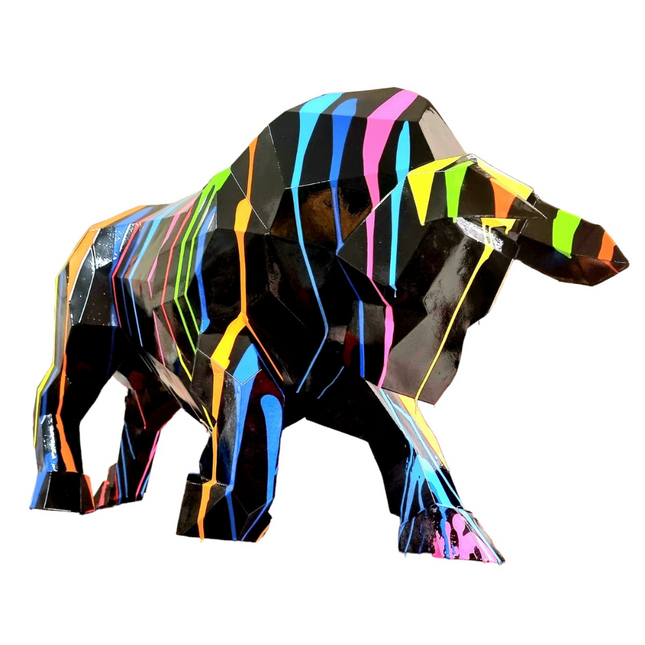 StatueTaureau Résine Origami 100 cm Noir & Multicolore – ZooFactory