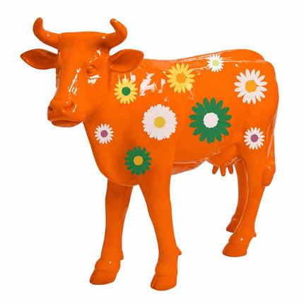 StatueVache XXL en Résine 140 cm Orange Fleuri – ZooFactory