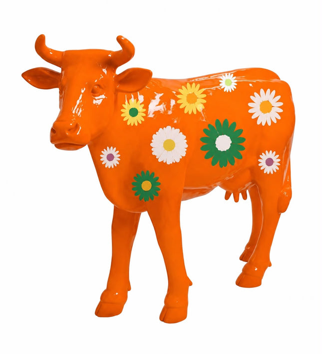 StatueVache XXL en Résine 140 cm Orange Fleuri – ZooFactory